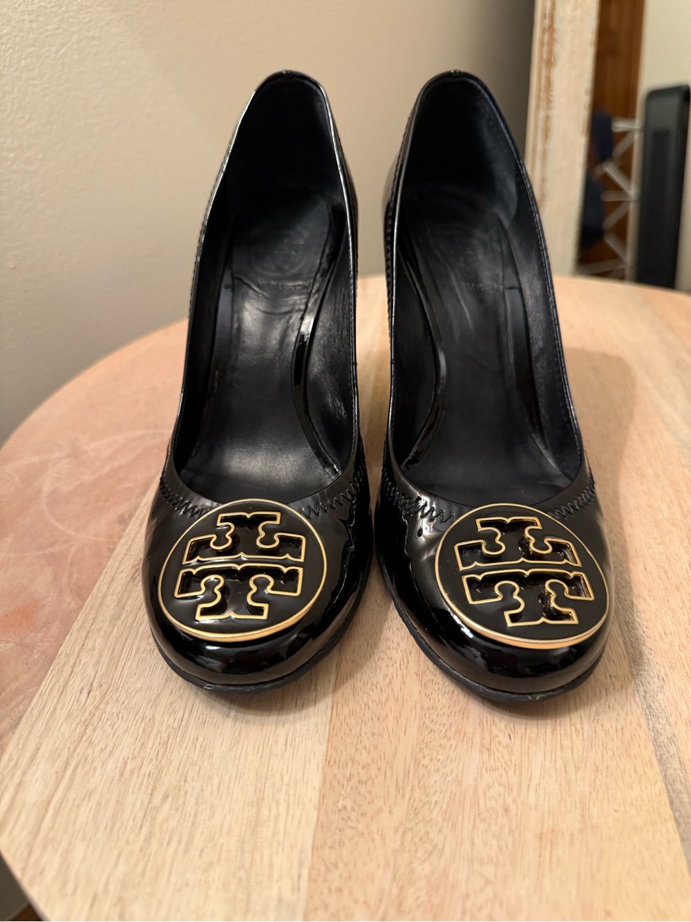 Tory Burch Sophie Black Patent Wedge with Gold Logo Medallion